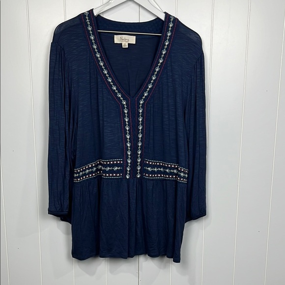 Nurture Womens Tunic/Top 2X Navy Red White Pullover Balloon Sleeve Embroidered - Picture 1 of 14